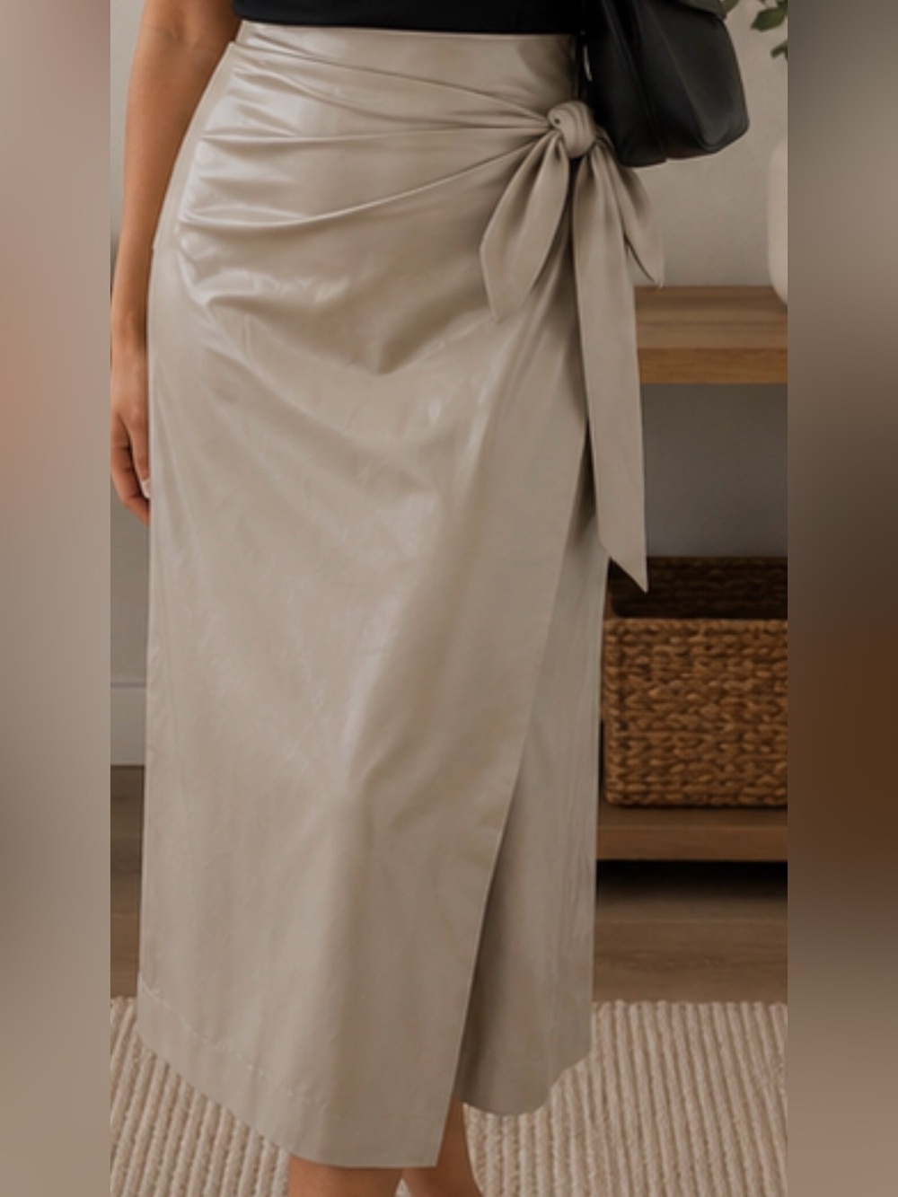Elizabeth and James Beige Faux Leather Wrap Midi Skirt Size Large